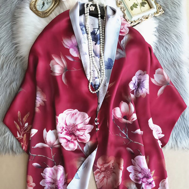 Ethnic style silk shawl mother with cheongsam outside women's double-sided 100% Mulberry silk scarf buckle Hangzhou silk