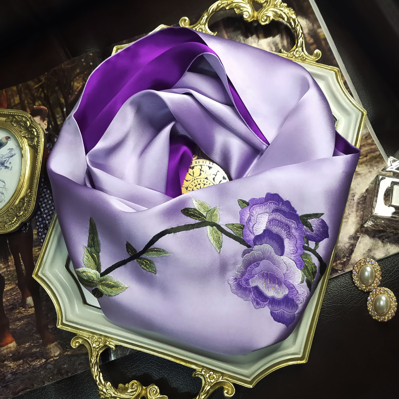 Su Embroidery Purple Handmade Embroidery Genuine Silk Scarves double sided mulberry silk scarves embroidered Hangzhou Silk Little shawl mother