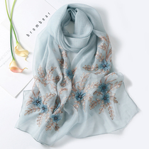 2021 Winter New embroidered silk wool scarf thin nail bead mulberry silk silk scarf shawl dual use gauze