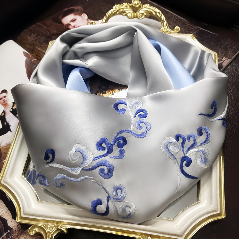 Chinese style Su embroidery silk scarf gray auspicious cloud mulberry silk scarf hand embroidery Hangzhou silk unisex