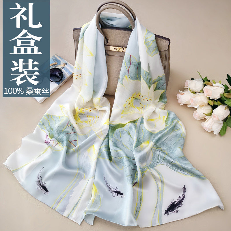 Chinese wind autumn and winter lotus real silk scarf satin upscale 100% mulberry silk scarf Hangzhou silk shawl female