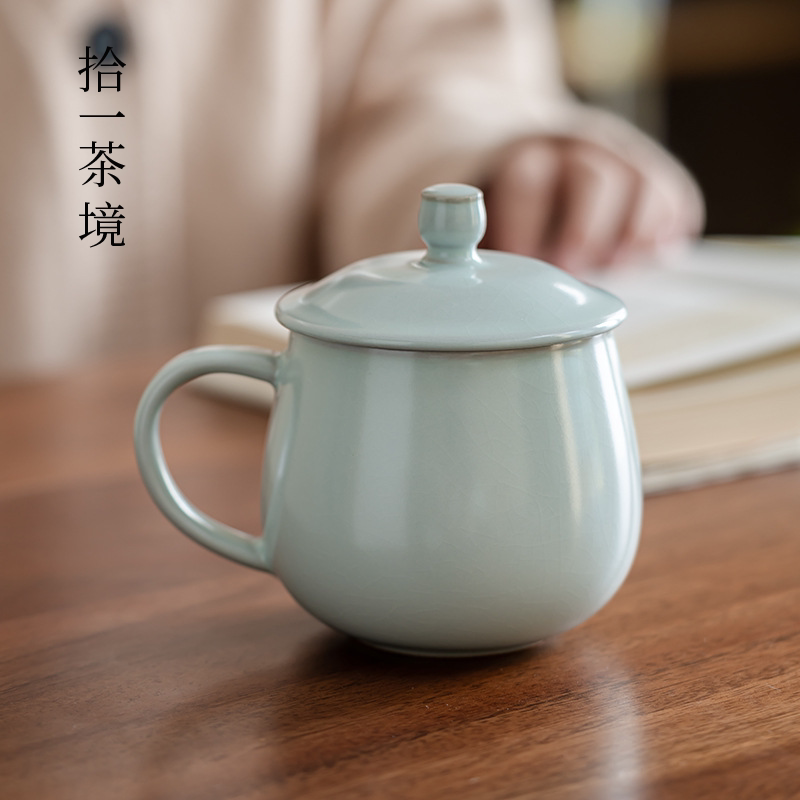 Yuyi Tea Realm Ru Kiln Tea Cup with Lid, Personal Ceramic Tea Cup for Men, Office Tea Drinking and Relaxation Cup