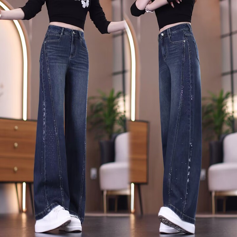 Autumn Rhinestone High-Waisted Straight-Leg Jeans for Women 2026 New Retro Blue Cropped Pants Trendy Popular Long Pants Autumn Rhinestone High-Waisted Straight-Leg Jeans for Women 2026 New Retro Blue Cropped Pants Trendy Popular Long Pants