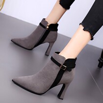  Pointed booties womens thick heels 2021 autumn and winter new high heels all-match color sexy Martin boots plus velvet cotton shoes