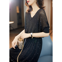Baoshili V-neck bat sleeve dress womens 2021 new trendy style in the long section bright diamond knitted a-line skirt summer