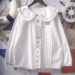 ເດັກຍິງອ່ອນຂອງຍີ່ປຸ່ນ embroidery childlike handmade accordion pleated loose lace doll collar pure cotton short-sleeved white shirt for women