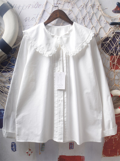 日系软妹森系爱心刺绣钩花蕾丝娃娃领宽松纯棉短袖白衬衫上衣少女