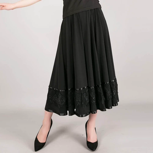 Черная большая танцевальная юбка одиночная юбка кружевная кружевная юбка ежедневная танца двухподобия квадратная танцевальная юбка