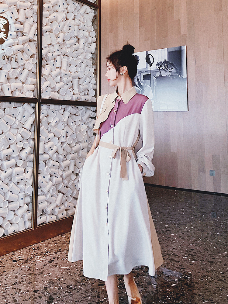 Lecea Alice shirt skirt women's design sense niche 2022 autumn new contrast color stitching French dress