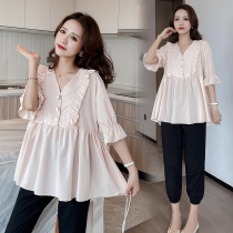 Maternity dress summer suit Summer net red foreign style small fragrance Maternity inspection out of fashion two-piece set pregnant mother tide outfit