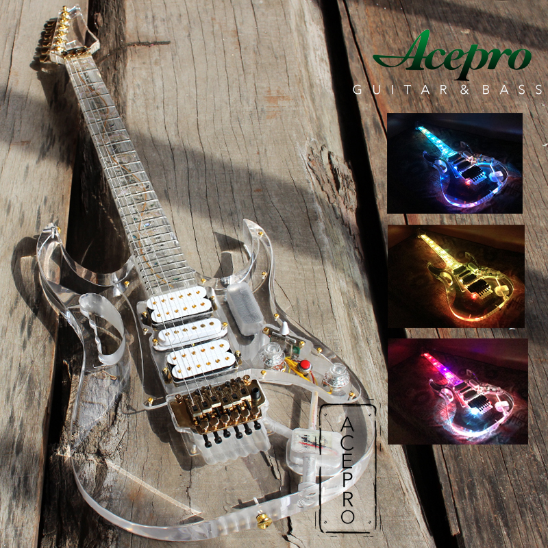 Beginner entry-level professional stage transparent full crystal electric guitar cool color LED light luminous double shake guitar
