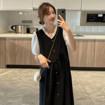 Pregnant woman Liondress Summer medium long snow-spun fashion lace V collar temperament sweet and adjustable for pregnant womans skirt summer