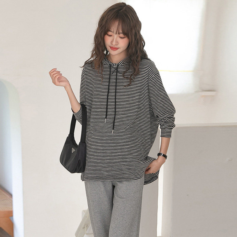Pregnant Woman Sweatshirt Autumn Style Long Sleeve Blouse Loose Korean version large size casual gestational gestation Fashion stripe Lianhood T-Shirt