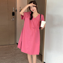 Pregnant woman Liandress Summer medium Long style Loose Korean Version Fashion V Collar Doll Skirt Tidal Moms Pure Color Sweet Pregnant pregnant Pregnant Woman Dress