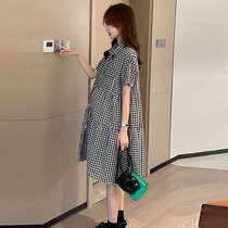 Pregnant woman with coat of dress Summer medium long style loose Korean version Fashion checkered shirt skirt over big code pregnant woman skirt belly