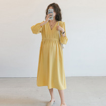 Pregnant Woman Lian Dress Spring Autumn Season 2022 New Pregnant Woman Dress Fashion Foreign Air V Collar Slim Fit Slim High Waist Long Dress