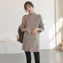 Pregnant Woman Sweater Autumn Winter Fashion Standing Collar Button Elastic Large Code Mid-Length Pregnant Pregnant Woman Winter Clothing Knitted Undershirt Tide