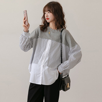 Pregnant womans spring clothing blouses 2022 new Korean version Fashion splicing long sleeve striped shirt foreign temperament pregnant woman shirt