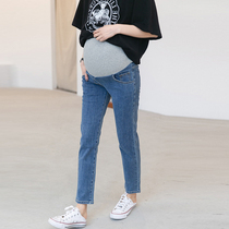 Pregnant Woman Jeans Spring Fall Outside Wearing Long Pants Boomer Fashion Foreign Air Casual Small Leggings Pants Elastic High Waist Towering Pants