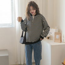 Pregnant womens sweatshirt spring 2022 new loose Korean version Fashion stripe round collar big code Belly Casual Pregnant Woman Blouse