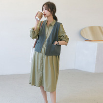 Pregnant woman Spring dress dress dress 2022 new pregnant woman suit V collar sleeveless pony flap with long sleeve shirt dress damp