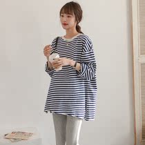 Pregnancy Woman Dress Spring Autumn section Long sleeves jacket with long sleeves Loose Big Code Fashion Striped Navy Wind Pure Cotton Pregnant t-shirt
