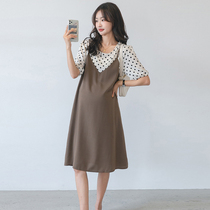 Pregnant woman Snow spinning Lions dress in summer clothes in long style Fashion Polo Dot Splicing Fake two Pendant Strap Skirts Foreign pregnant women Skirt Summer