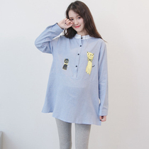 Pregnant womens shirts spring and autumn medium and long loose a version of pure cotton stripe printing simple large size maternity spring tops