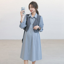 Pregnant woman Liondress Spring and autumn Fashion style Two suits V collar horse chia jacket with long-turned-over pregnant woman shirt dress