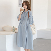 Pregnant woman Liandress Spring Summer and summer style 70% sleeves Long paragraph loose Korean version Chauma Big code Pregnancy Breastfeeding Shirt Dress