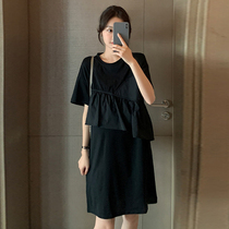 Pregnant woman one-piece dress Summer fashion Tidal Moms Personality Splicing Round collar T-shirt Skirt Black slim Pregnant Woman Dress