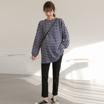 Pregnant woman Long sleeves T-shirt Spring and autumn in long style Loose Korean Version Big Code Casual Striped Pure Cotton Gestational Dress Spring Clothing