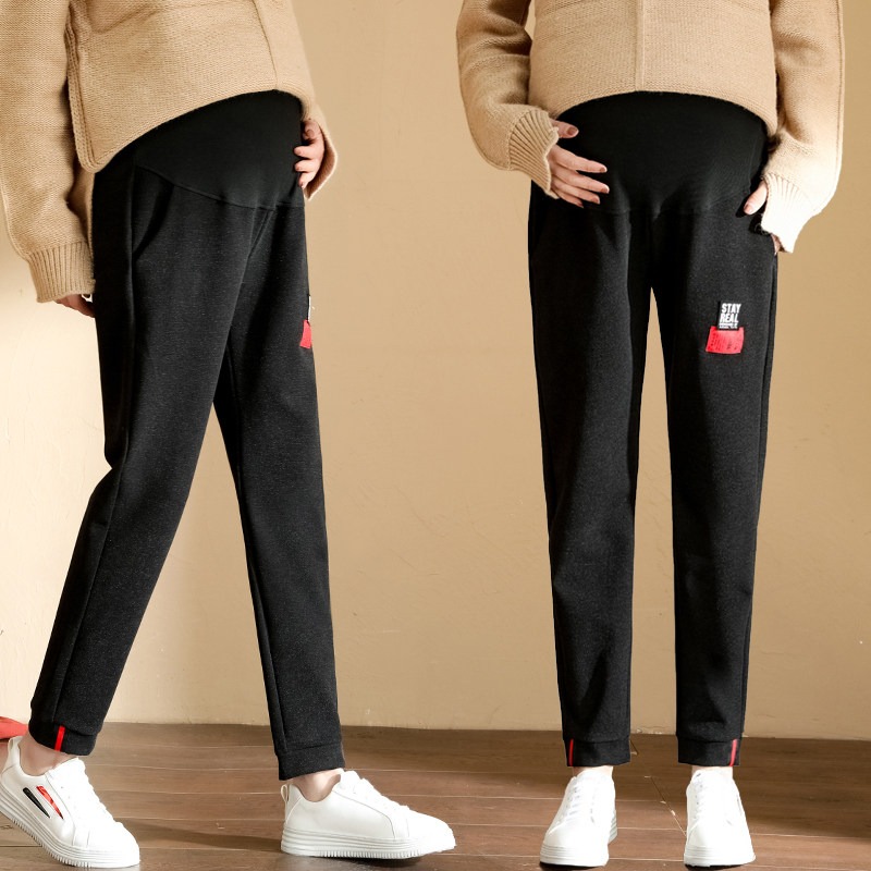 2023 Autumn/Winter Pregnant Women Pants Outside of Thickened Pregnant Women Hair Sweatpants Black Loose Big Code Casual Pants 100 Lap Straight Barrel Pants-Taobao