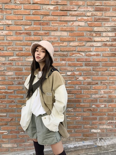 Korean stylenanda autumn and winter women's loose asymmetrical Hong Kong style contrasting color stitching corduroy thick shirt jacket