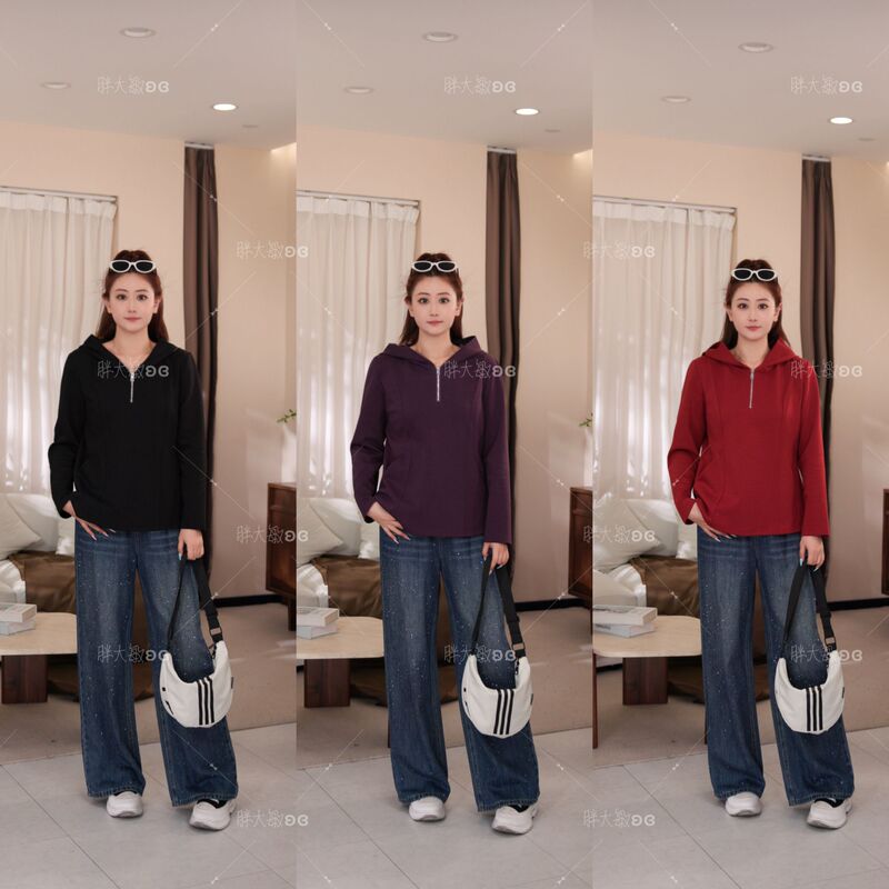 [New Arrivals for Autumn] Pmm82739 New Autumn Style Half-Zip Hooded Double Waistline Versatile Plus-Size Women's Top