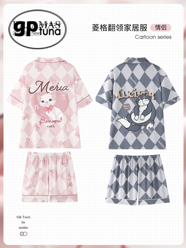 Gptuna Mary Cat Russford Couple Pajamas Women's Summer Ice Silk Short-Sleeved Silk Men's Cute Home Clothes