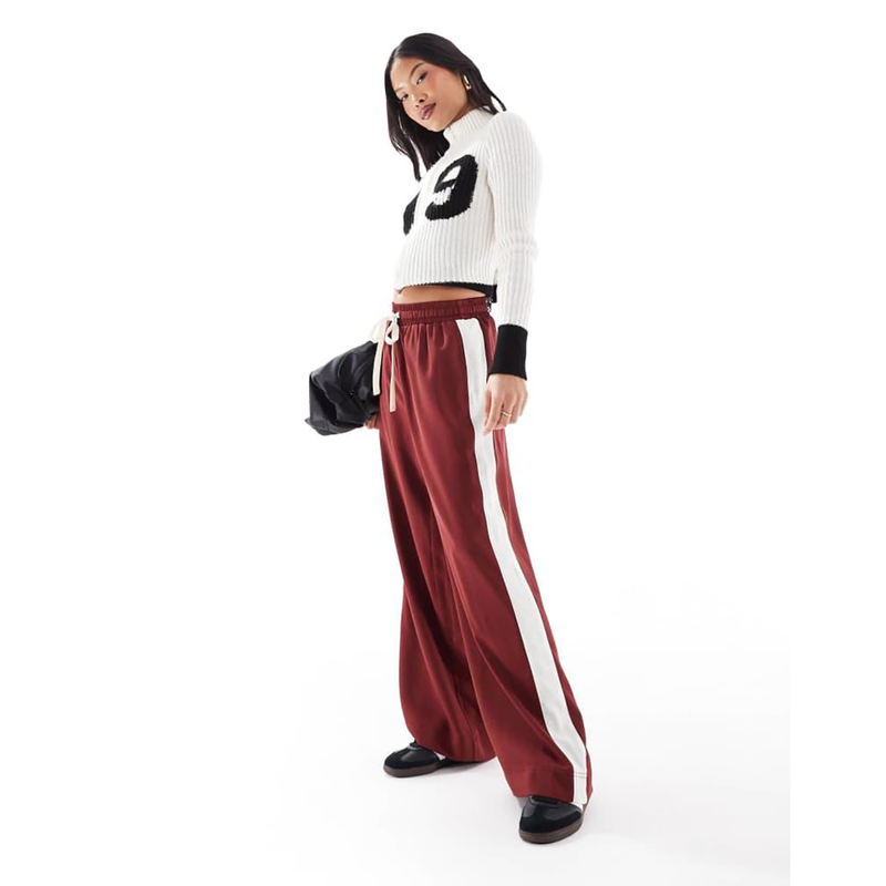 Foreign Trade Original Order Aso*S Deep Cherry Color Contrasting Patchwork Versatile Casual Loose Drawstring Straight Wide-Leg Pants 1781