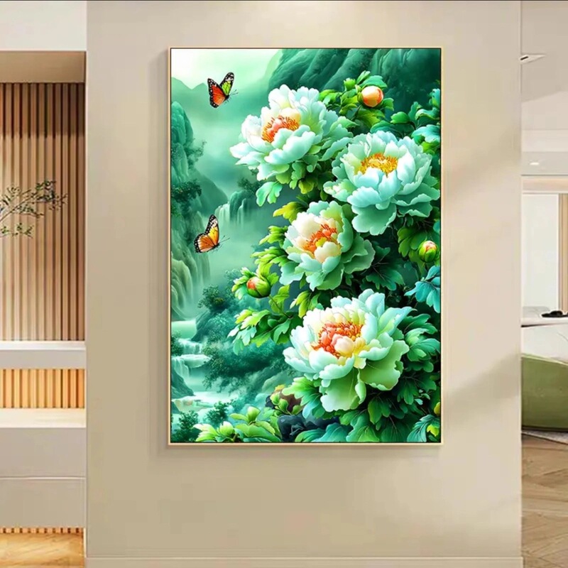 Butterfly Playing with Peonies 2026 New Cross Stitch Large and Small Grid Full Embroidery 54 Colors No Hook Edge Handmade [Bare Package No Needle]