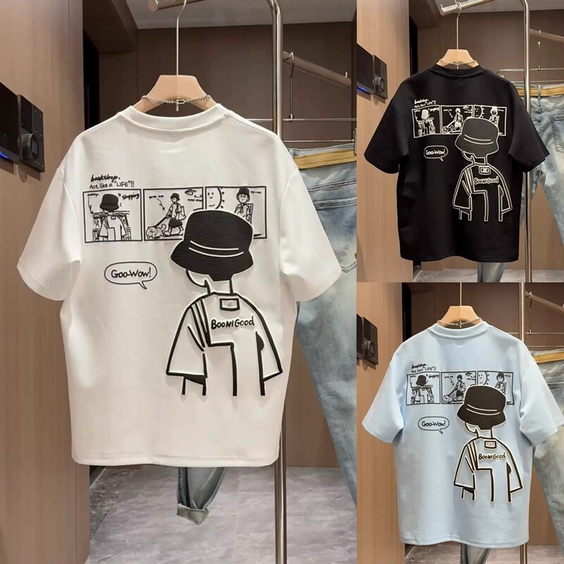 Kangshi Yishu Trendy Brand Summer White Round Neck Short-Sleeved T-Shirt for Men, High-End Fashion, Loose Casual Heavyweight Top Kangshi Yishu Trendy Brand Summer White Round Neck Short-Sleeved T-Shirt for Men, High-End Fashion, Loose Casual Heavyweight Top