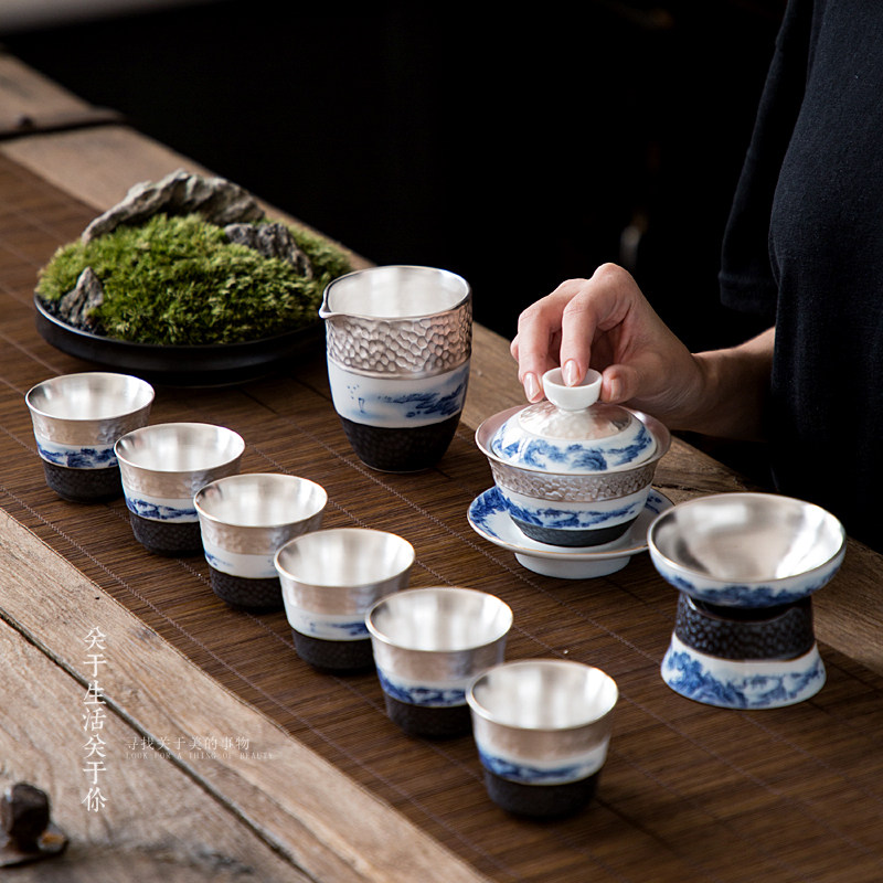 Kung Fu tea set set ceramic retro gilt silver tea set sterling silver tea maker teapot cover bowl tea cup household gift box