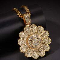 [嘻哈可旋转向日葵镶钻吊坠项链男新款配饰TAKASHII花朵hiphop饰品]