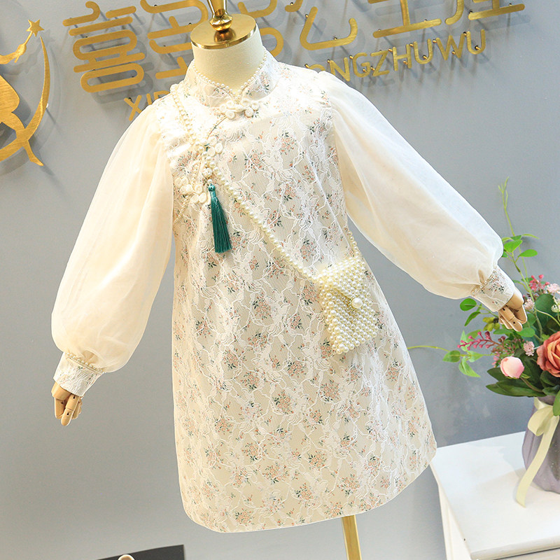 Girl Foreign Dress 2022 Spring New Long Sleeves Qipao Dress China Wind Splicing Printed Children Princess Dresses Retro