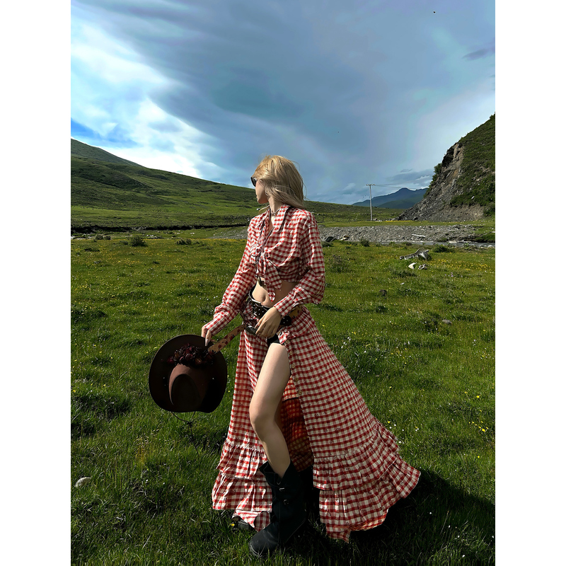 Uptomcc Toka Red Checkered Hunter Big Skirt Red Checkered Skirt Printed Ruffle Edge Xinjiang Travel Outfit Set