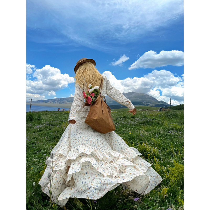 Uptomcc Xiatashan Floral Xinjiang Grassland Floral Print Set Short Tie-Up Shirt with Ruffle Slit Long Skirt Outfit