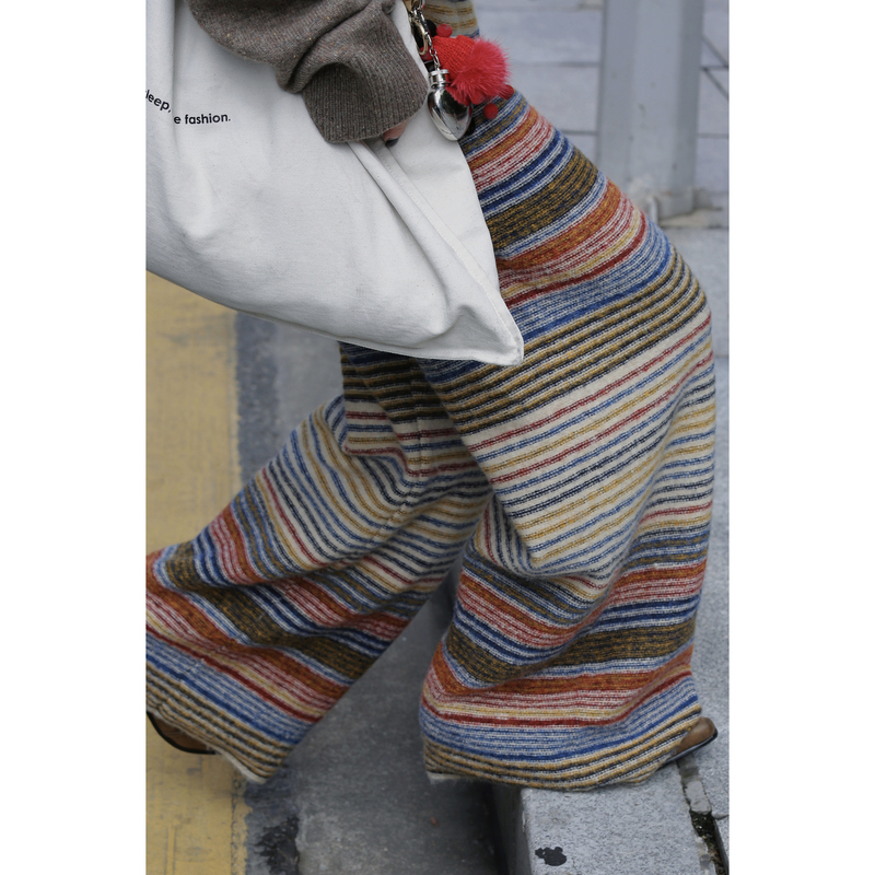 Holalem Vintage Retro Color-Block Striped Knit Straight-Leg Wool Casual Pants Holalem Vintage Retro Color-Block Striped Knit Straight-Leg Wool Casual Pants