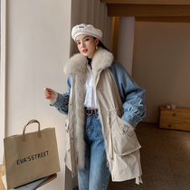 2020 winter new fox fur collar fur coat stitching denim Pike coat female long young