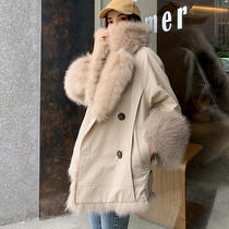 2020 winter new fox fur collar on both sides wear fur coat Parker coat female long young British