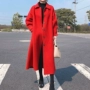 Áo khoác phổ biến 2018 nữ phiên bản mới của Hàn Quốc có phần thắt lưng màu đỏ dài phần dày trên đầu gối len mùa đông áo khoác dạ nữ