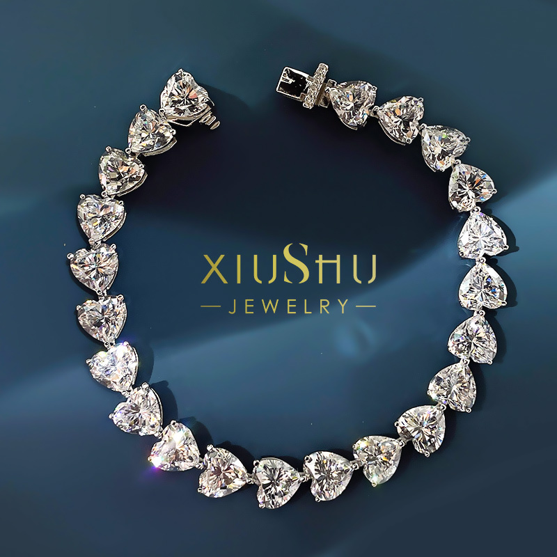 Luxurious Diamond-Encrusted Heart Bracelet, Imported High-Carbon Diamond, Ice Flower Cut, ins Niche Design, Simple 925 Silver Sl501