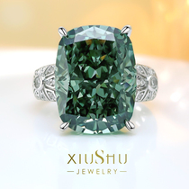 14 Clay luxurious ink green 925 pure silver ring studded with high carbon drilling retro high-grade sense crushed ice cut